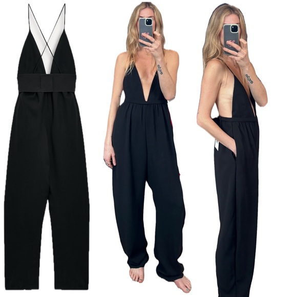 Zara Pants - NWT Zara 50th Black Deep V Neck Spaghetti Strap Black Barrel Backless Jumpsuit